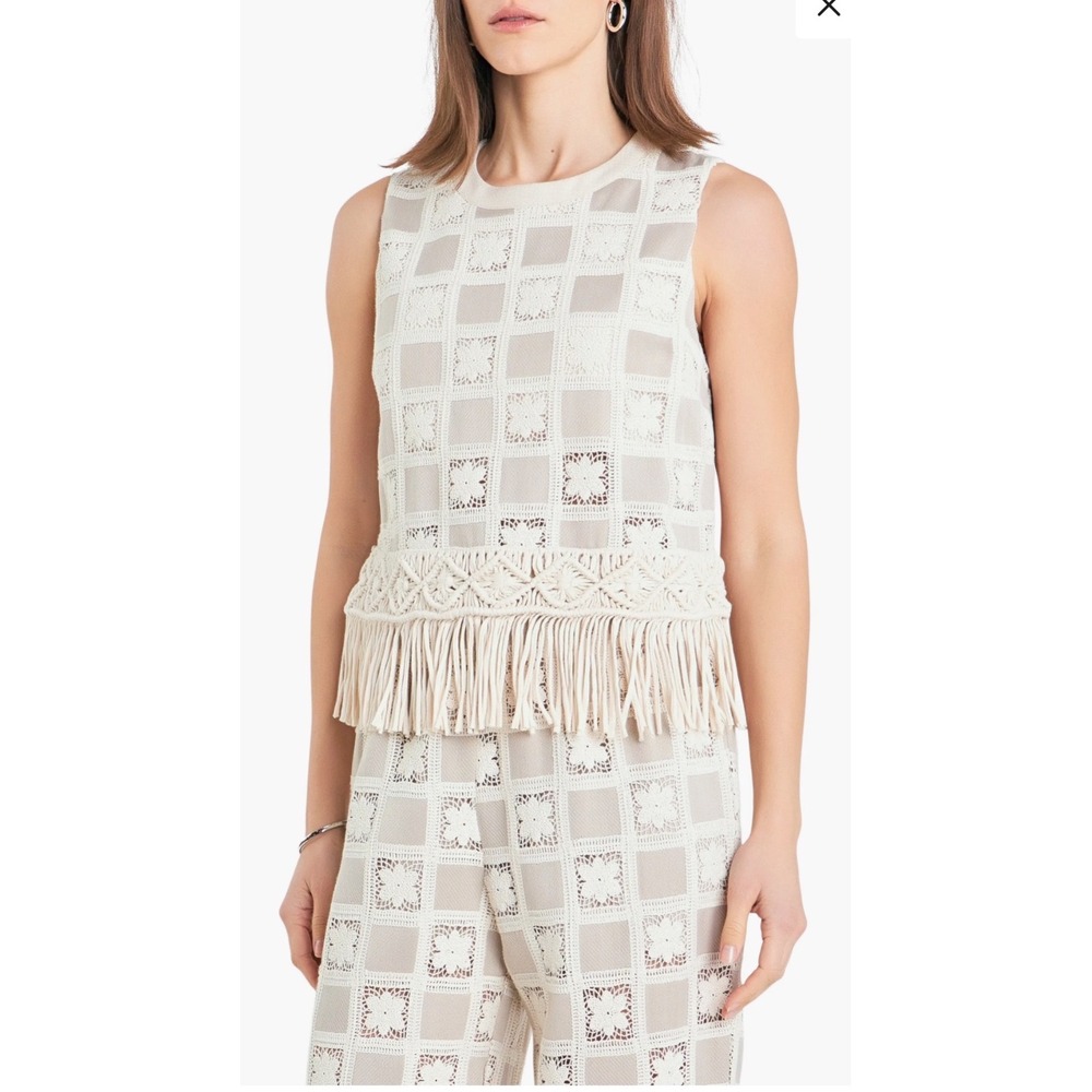 Tuckernuck x English Factory Crochet Lace Patchwork Tank Beige Fringe Top L NWT - Picture 2 of 8